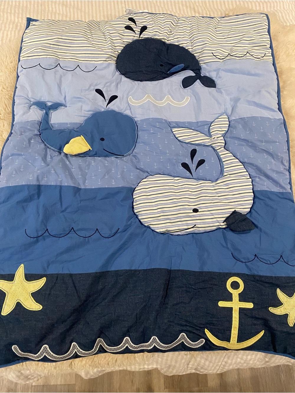 Nautica Navy & Light Blue Whale Appliqué Baby Quilt